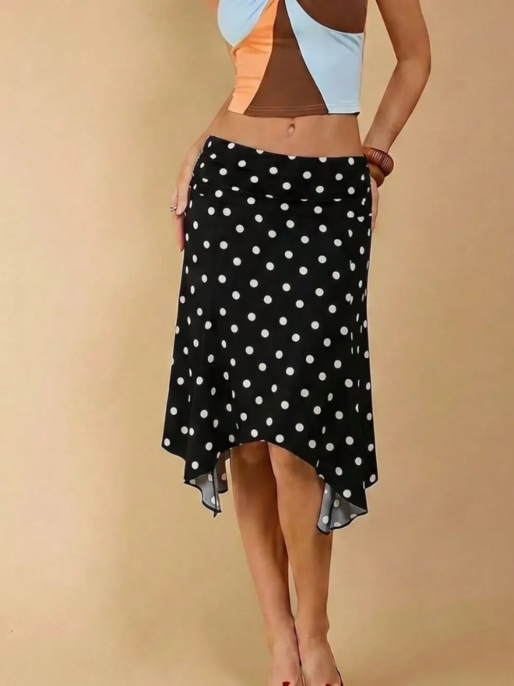Black Elegant Women's Casual Asymmetric Hem Polka Dot Skirt
